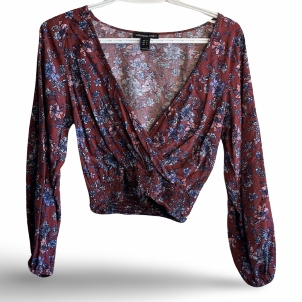 Festival 60s 70s Crop V-neck Long Sleeve Size Small Boho Bohemian Print